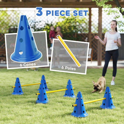 PawHut Dog Agility Equipment Set of Six Cones, Six Poles with Carry Bag, Three-Piece Adjustable Height Jumping Obstacles, Blue