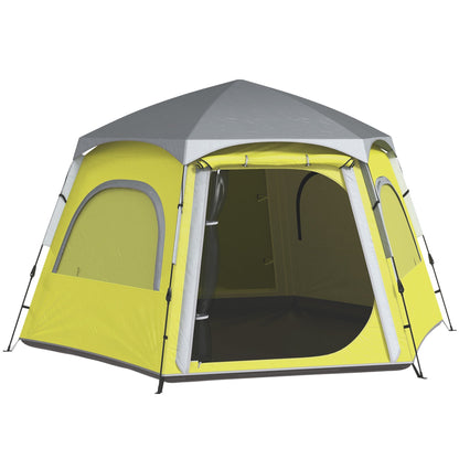 Outsunny Instant Pop Up Camping Tent, 2/3/4 Person Easy Setup Dome Family Tent with Vestibule, Rainfly, 4 Mesh Windows & 2 Doors, Hexagonal Design, Waterproof & UV Protected, Yellow Green