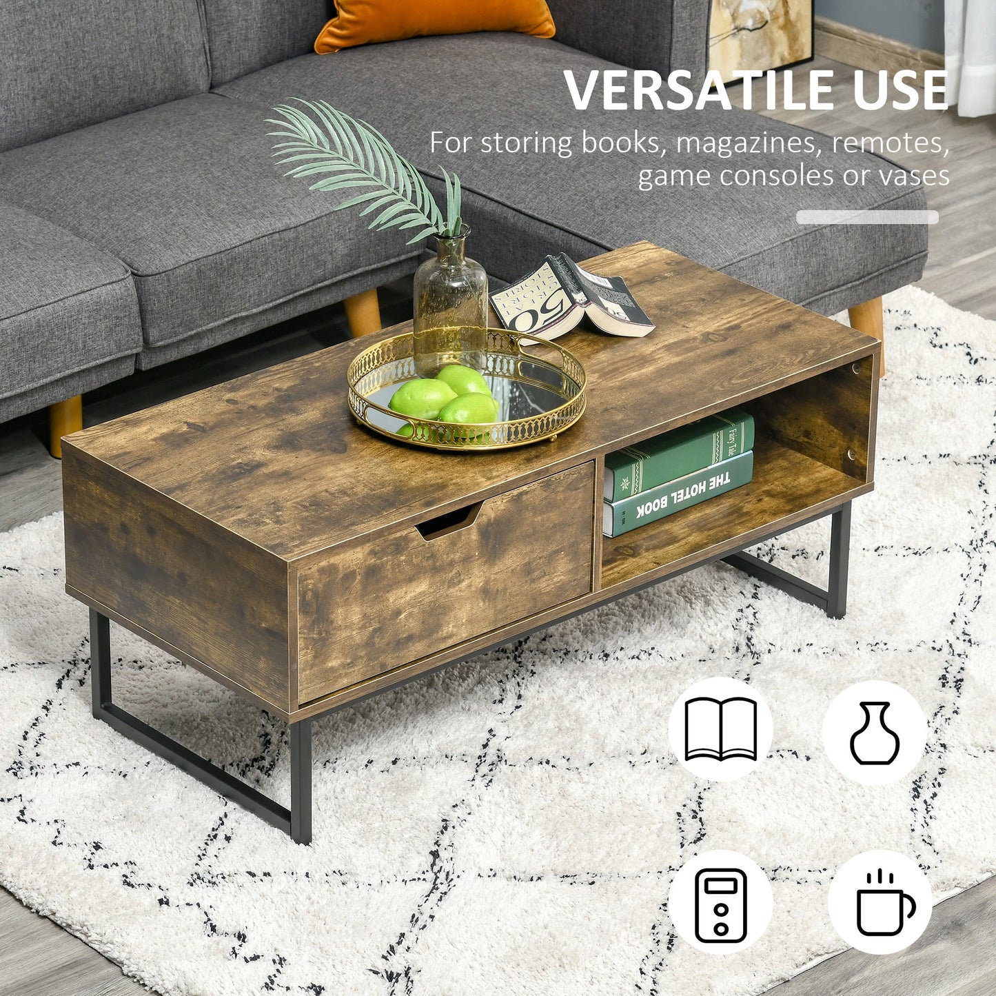 Industrial Coffee table Wooden End Table with Shortage Shelf and Drawer Modern Sofa Table Metal Frame, Rustic Brown 106W x 48D x 43H cm