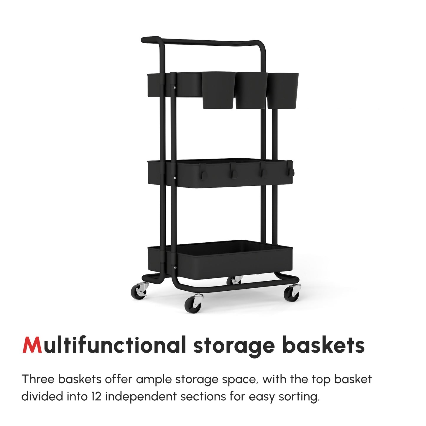 HOMCOM Three-Tier Home Trolley, with Handle and Wheels - Black