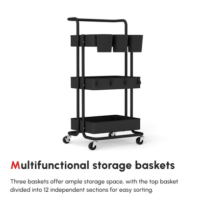 HOMCOM Three-Tier Home Trolley, with Handle and Wheels - Black