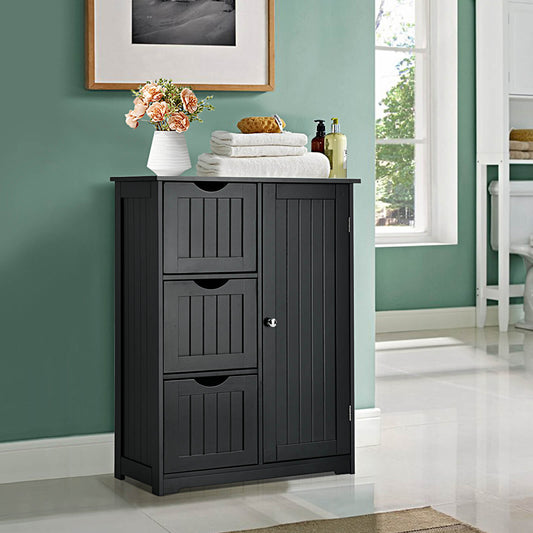 1-Door Freestanding Bathroom Cabinet with 3 Drawers-Black