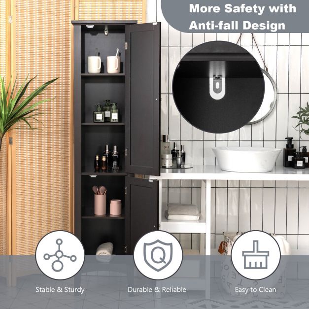 2-Door 160cm High Freestanding Bathroom Cabinet with 5-Tier Shelves-Black