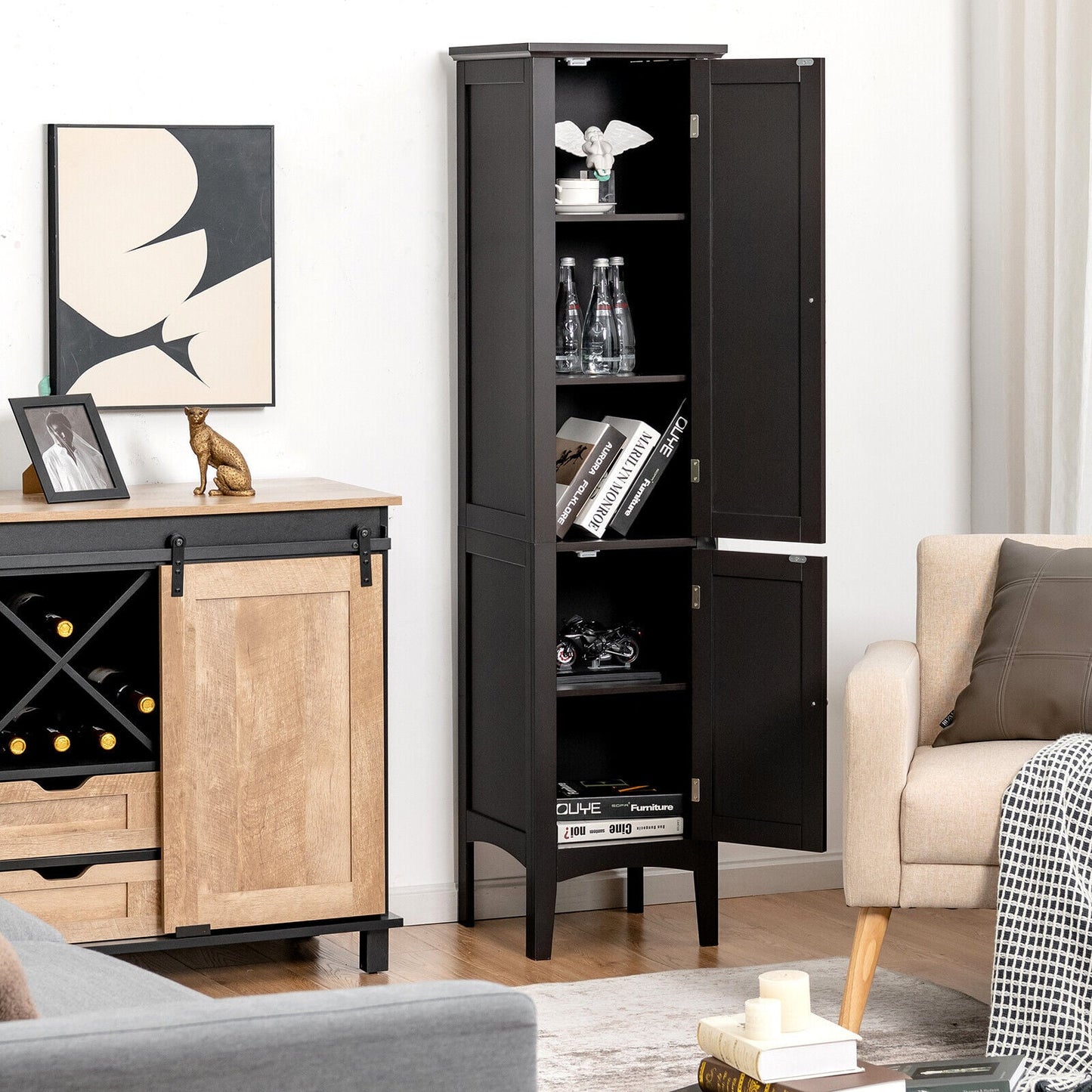 2-Door 160cm High Freestanding Bathroom Cabinet with 5-Tier Shelves-Black