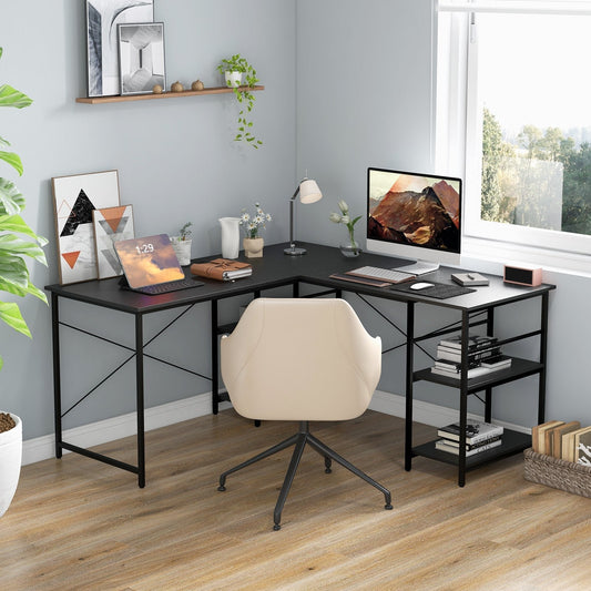 Wooden Industrial L-Shaped Desk with Storage Shelves-Black