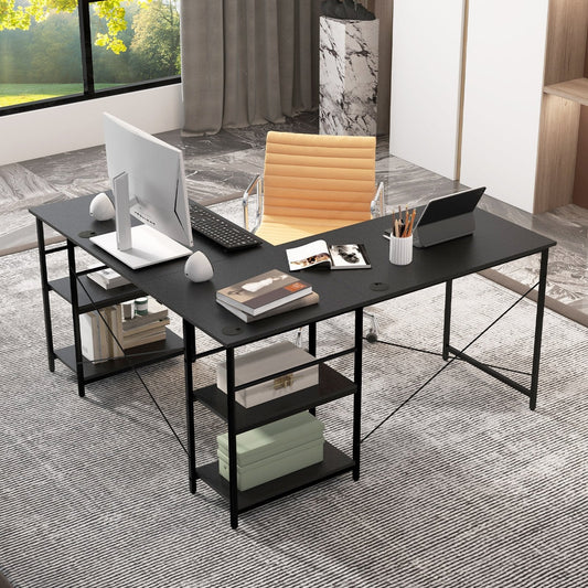 Wooden Industrial L-Shaped Desk with Storage Shelves-Black