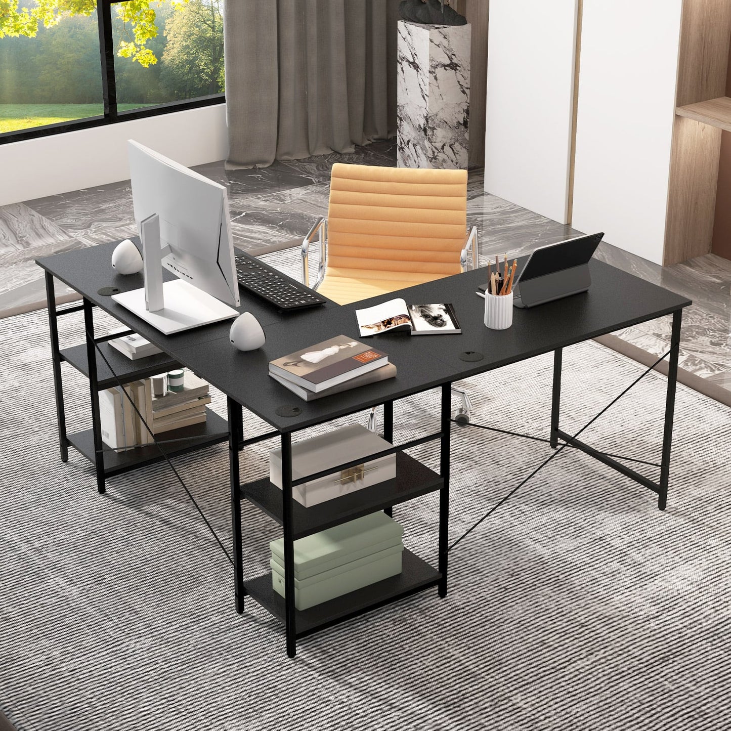 Wooden Industrial L-Shaped Desk with Storage Shelves-Black