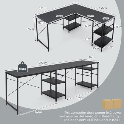 Wooden Industrial L-Shaped Desk with Storage Shelves-Black