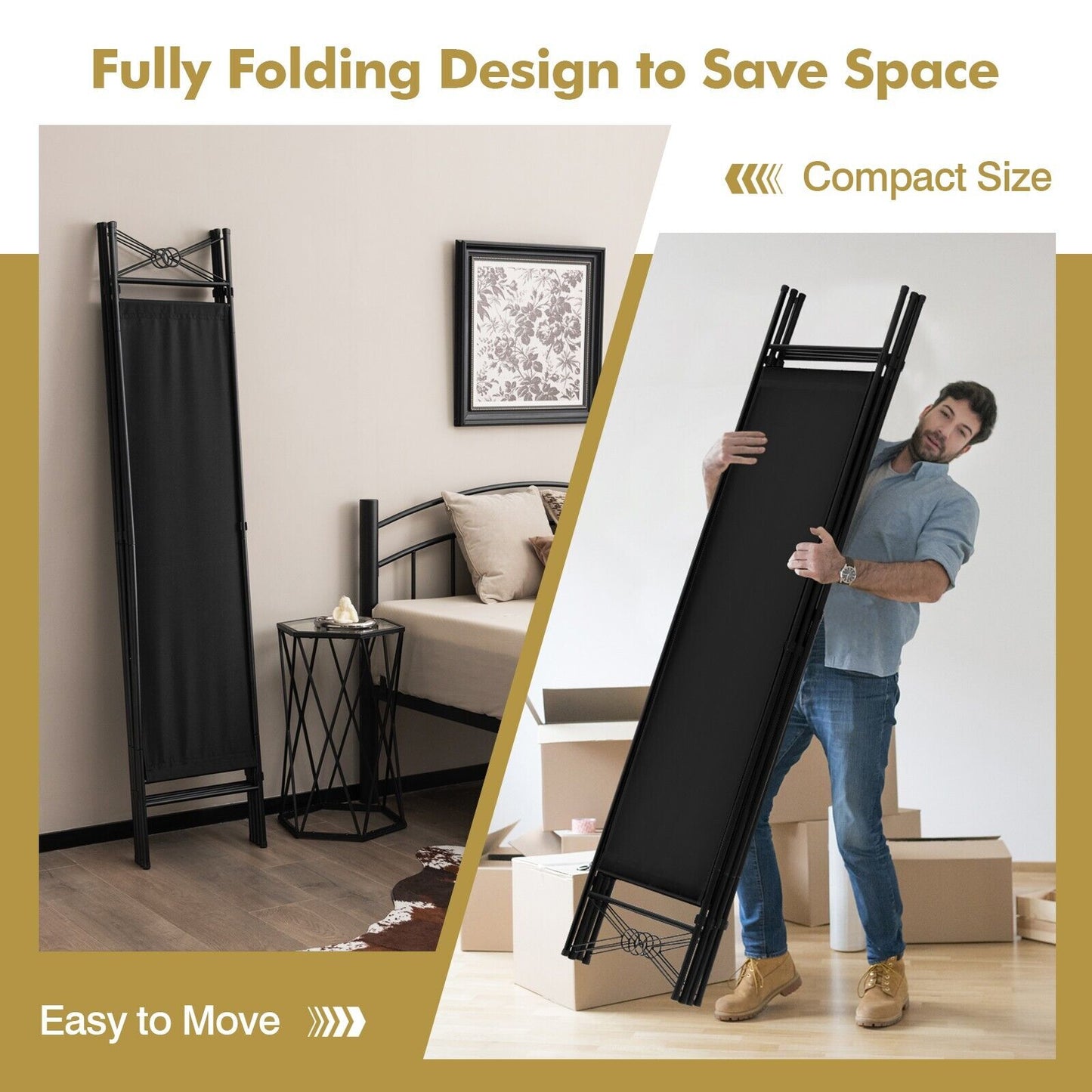 6 Feet 4-Panel Light Weight Room Divider with Polyester Cloth-Black