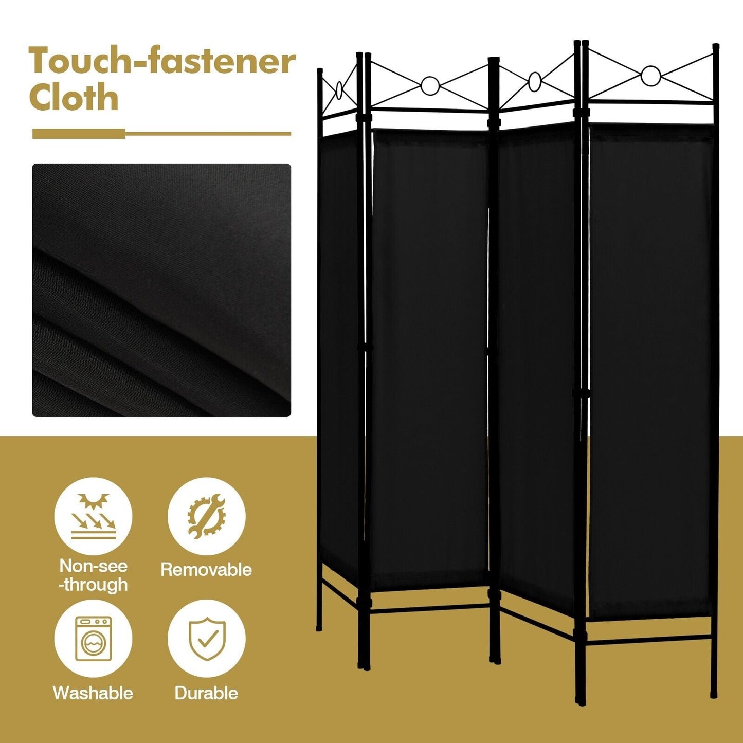 6 Feet 4-Panel Light Weight Room Divider with Polyester Cloth-Black