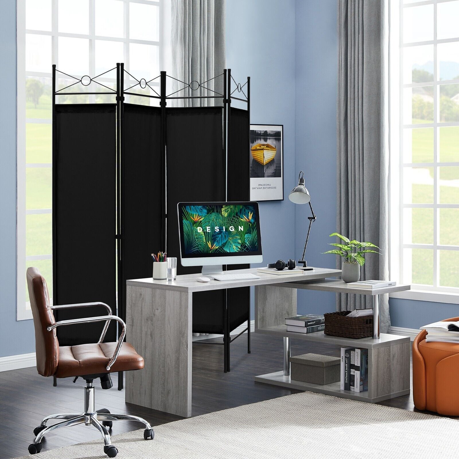 6 Feet 4-Panel Light Weight Room Divider with Polyester Cloth-Black