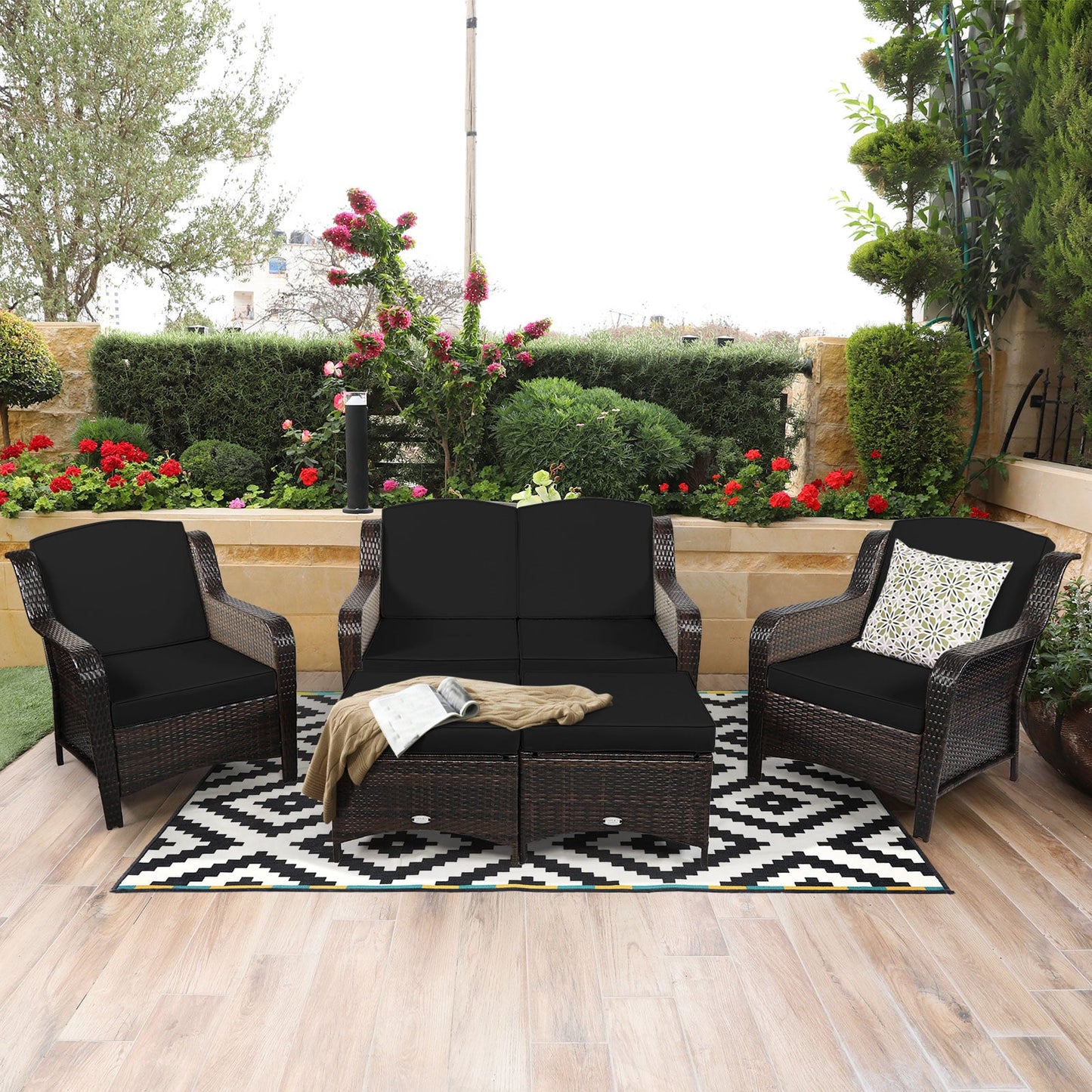 5 Pieces Patio Furniture Set with Removable Cushions and Strong Frame-Black