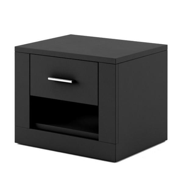 Black nightstand with a drawer on a white background
