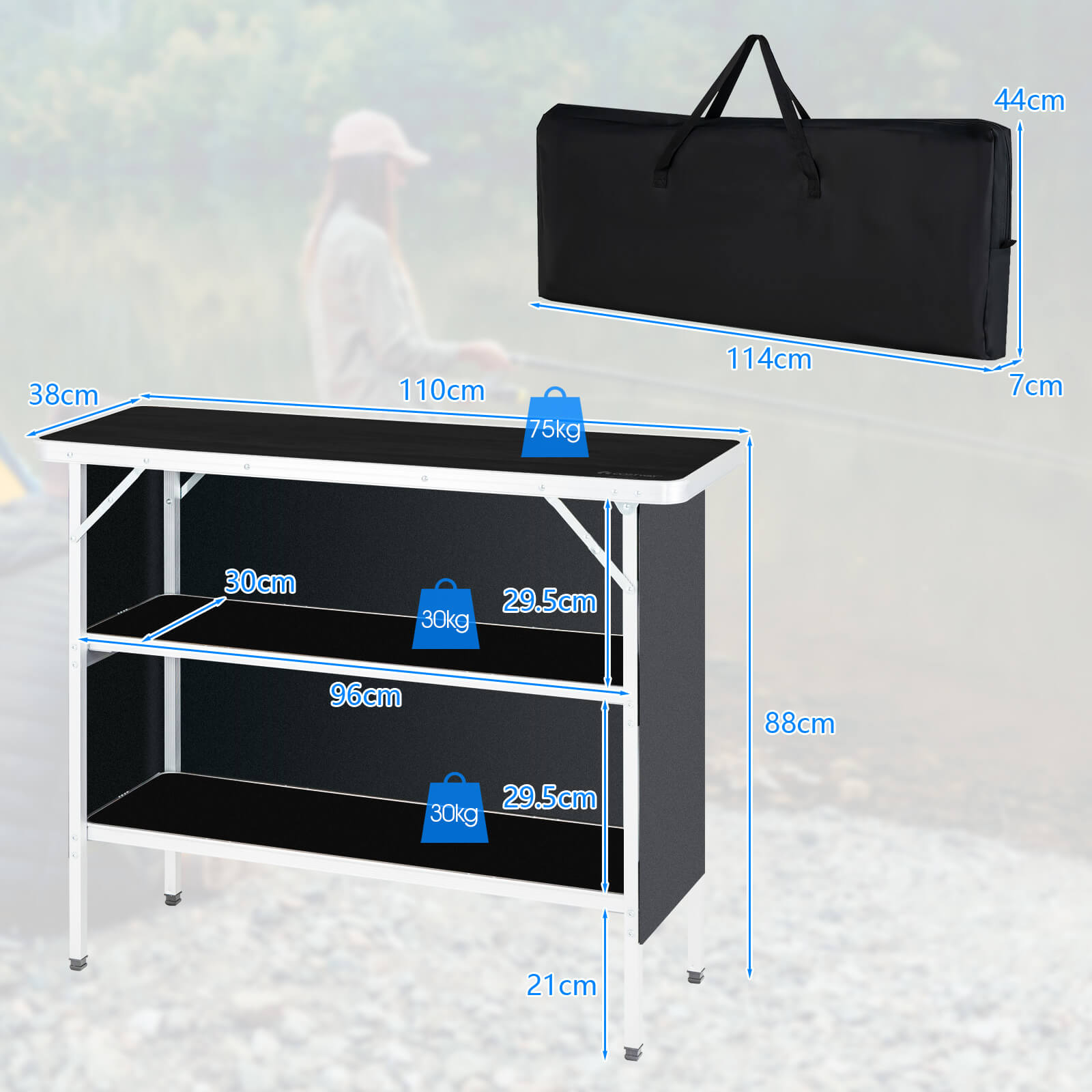 Aluminum Lightweight Folding Picnic Table with 2-Tier Shelves and Carrying Bag-Black