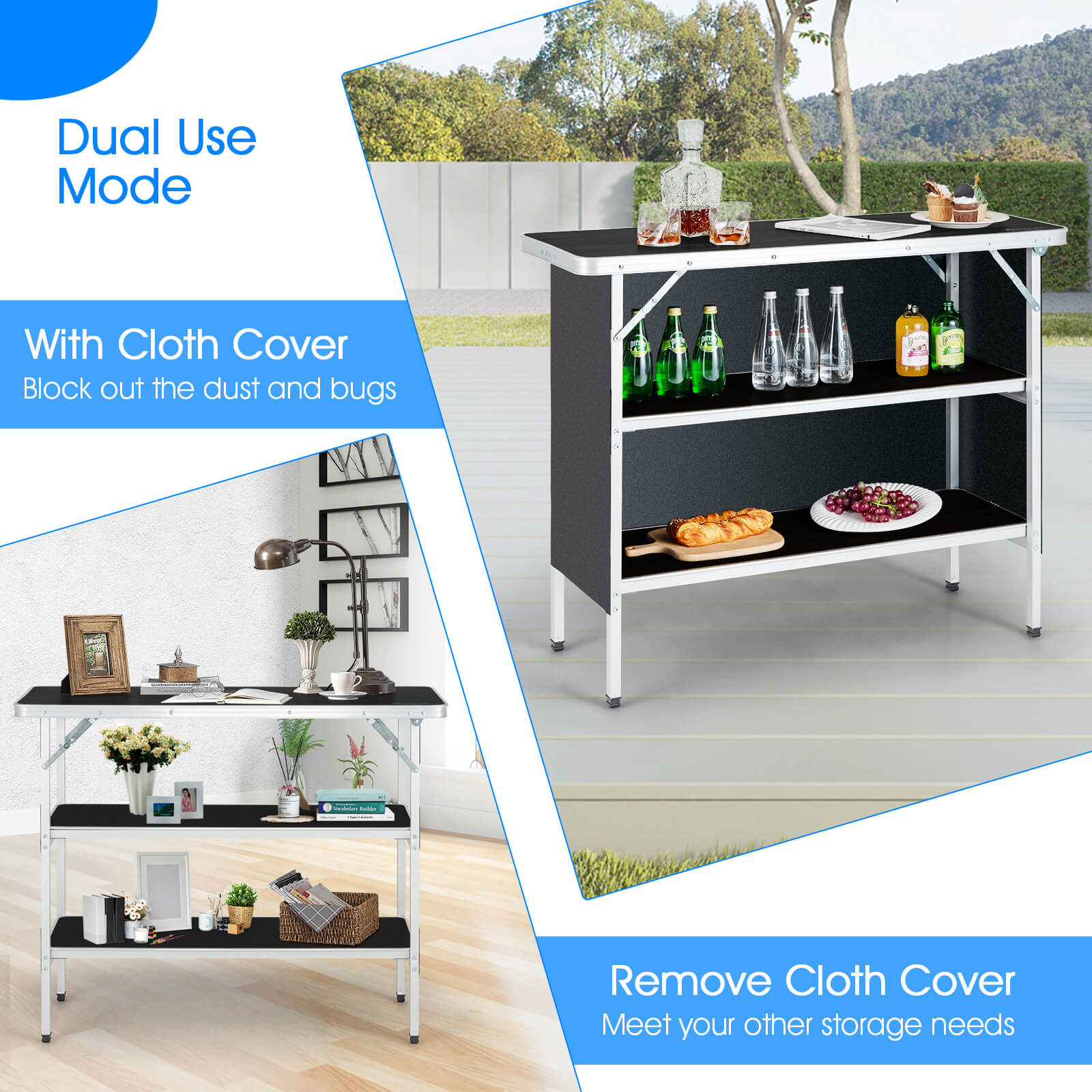 Aluminum Lightweight Folding Picnic Table with 2-Tier Shelves and Carrying Bag-Black