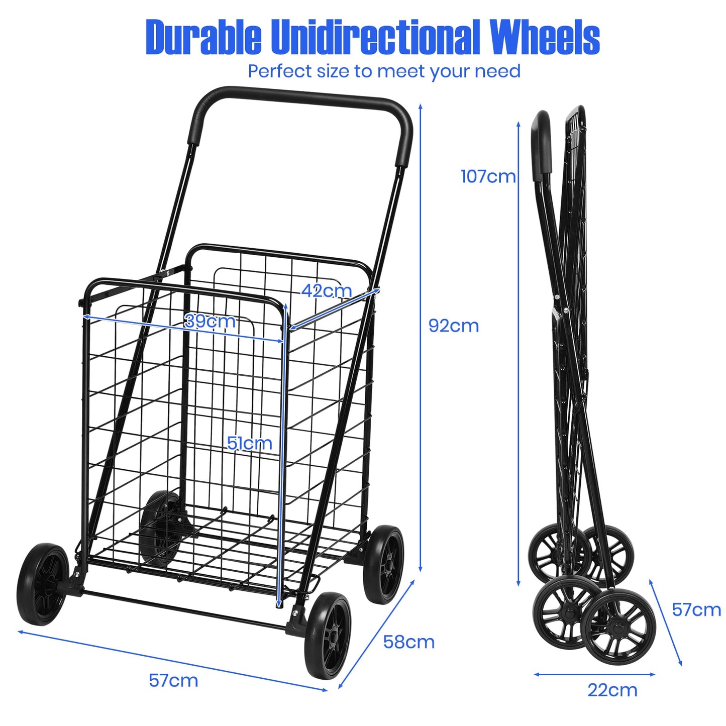 Heavy Duty Folding Shopping Cart with 83L Metal Basket-Black