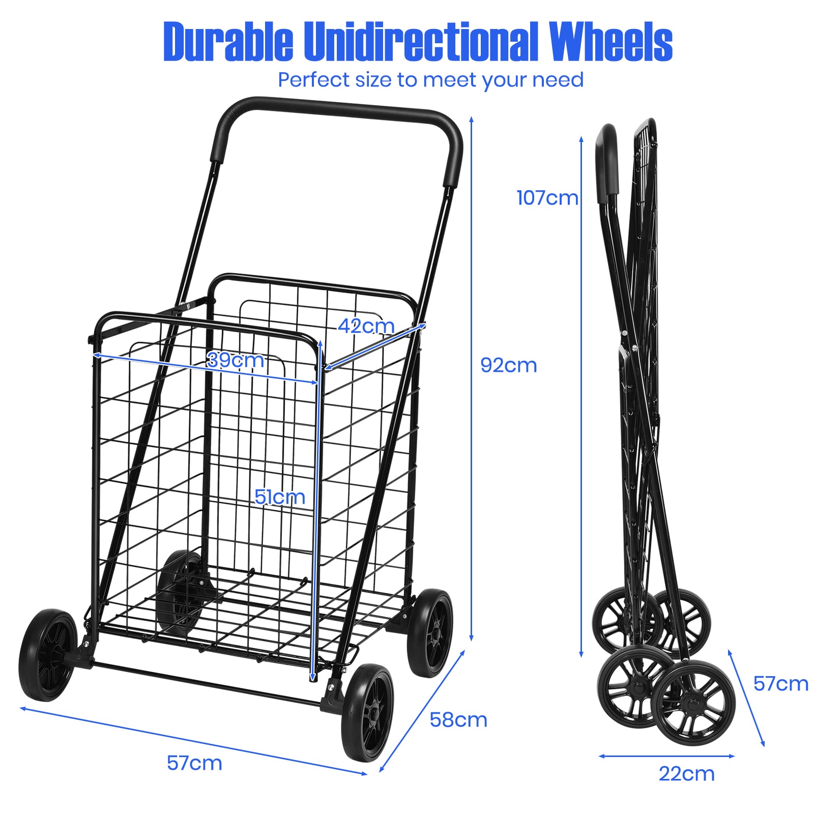 Heavy Duty Folding Shopping Cart with 83L Metal Basket-Black