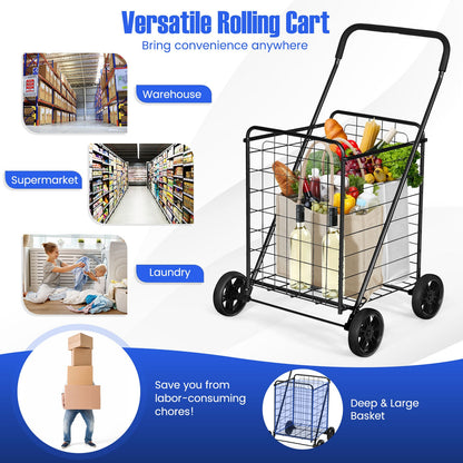 Heavy Duty Folding Shopping Cart with 83L Metal Basket-Black