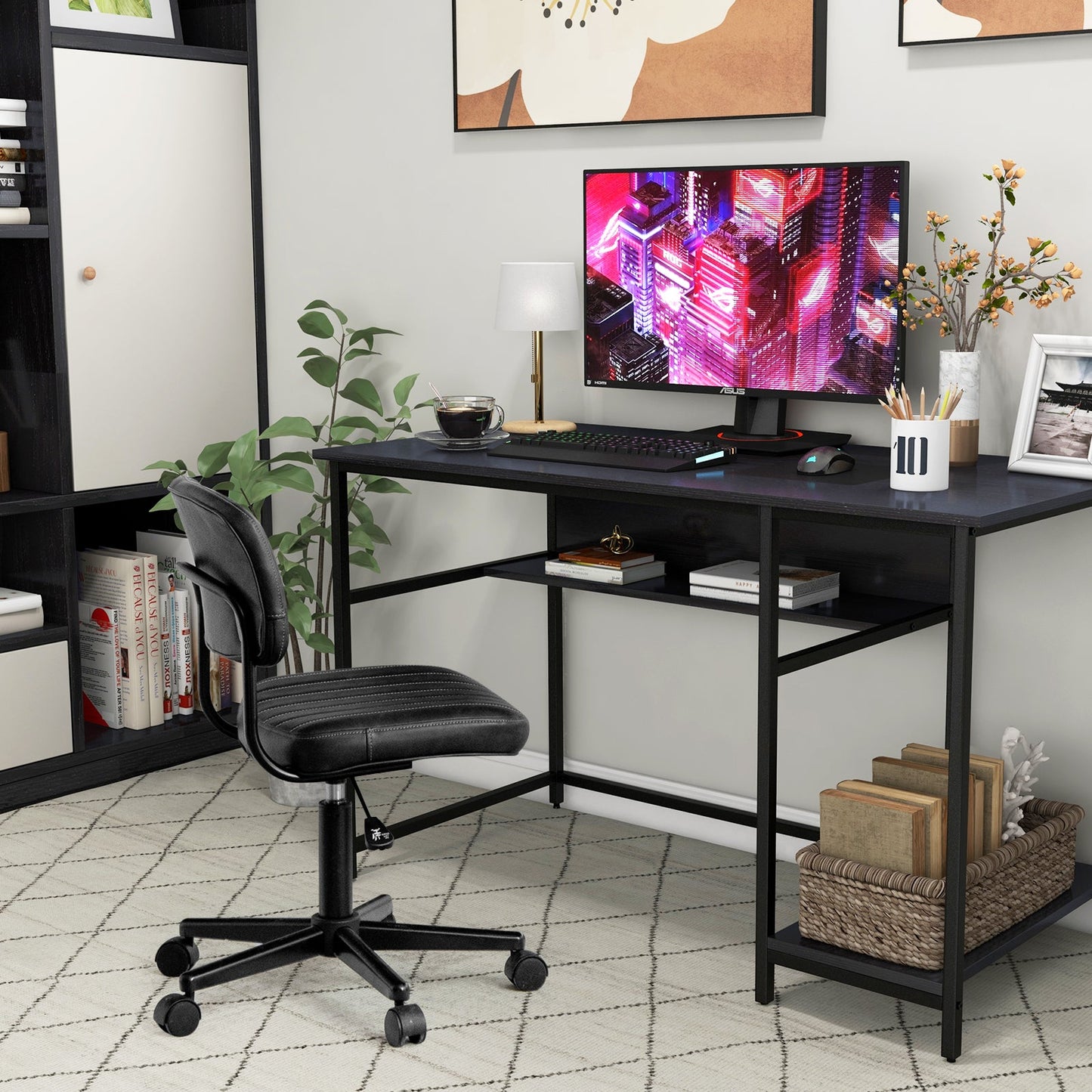 Industrial Computer Desk with Storage Shelf and CPU Stand-Black