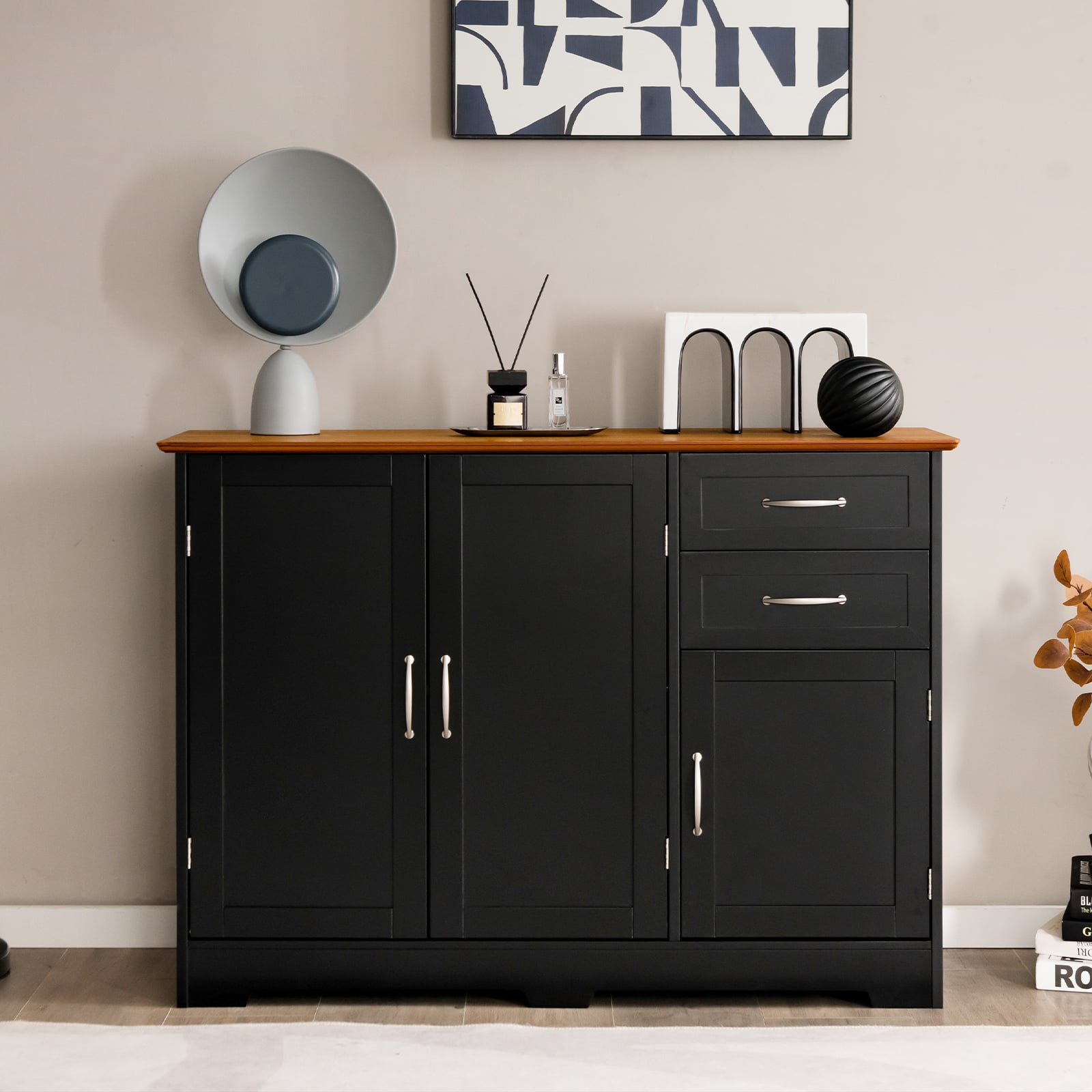 Modern Kitchen Sideboard Storage Cabinet with Adjustable Shelf and Drawers-Black