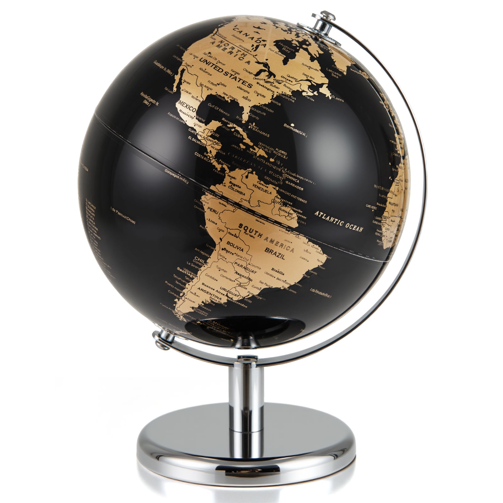 20CM Rotating Metallic Black World Globe with Metal Stand for Home School-Golden
