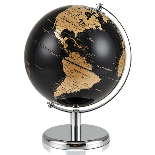 20CM Rotating Metallic Black World Globe with Metal Stand for Home School-Golden
