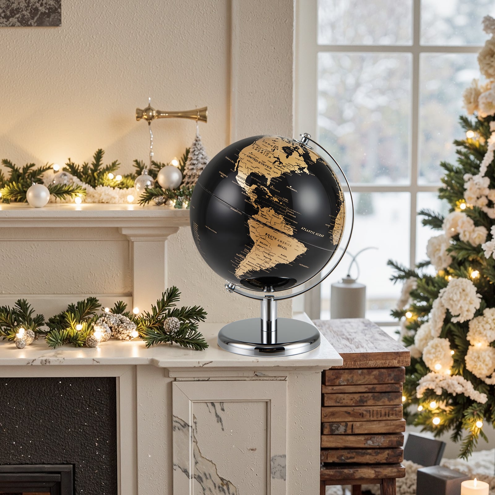 20CM Rotating Metallic Black World Globe with Metal Stand for Home School-Golden