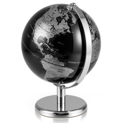 20CM Rotating Metallic Black World Globe with Metal Stand for Home School-Silver