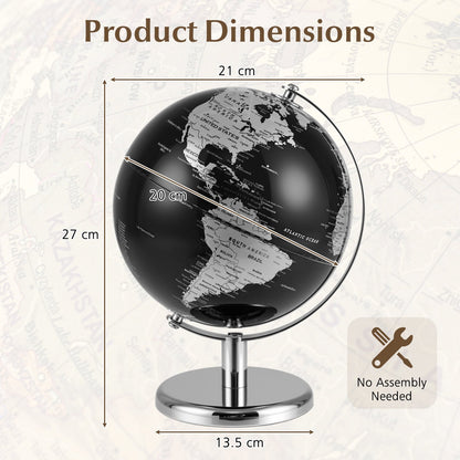 20CM Rotating Metallic Black World Globe with Metal Stand for Home School-Silver