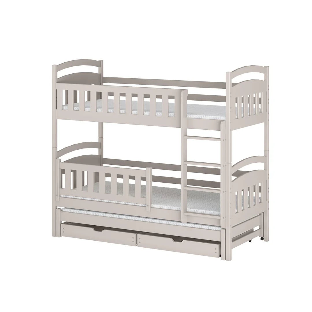 White wooden bunk bed with drawers on a white background