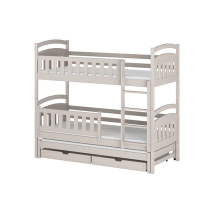 White wooden bunk bed with drawers on a white background
