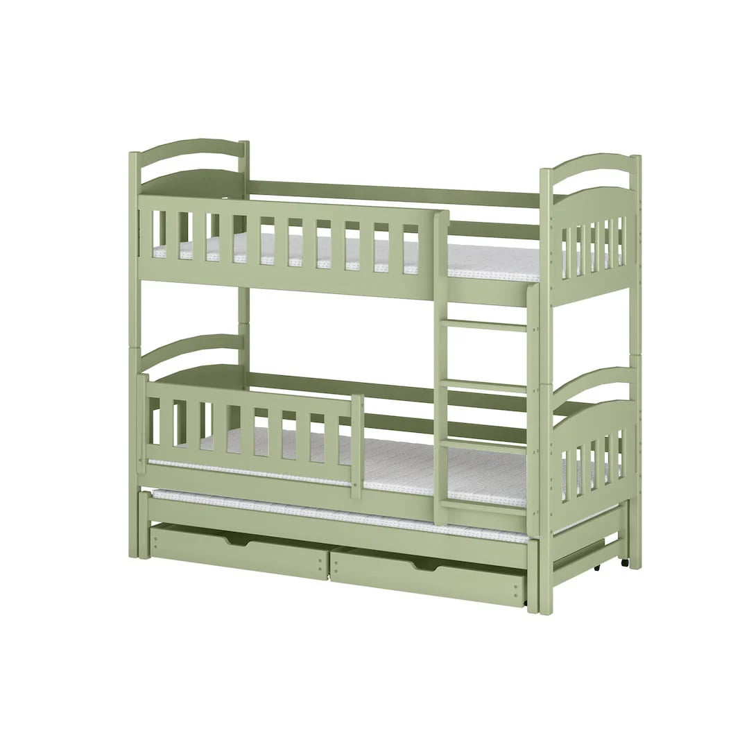 Green bunk bed with a white mattress on a white background