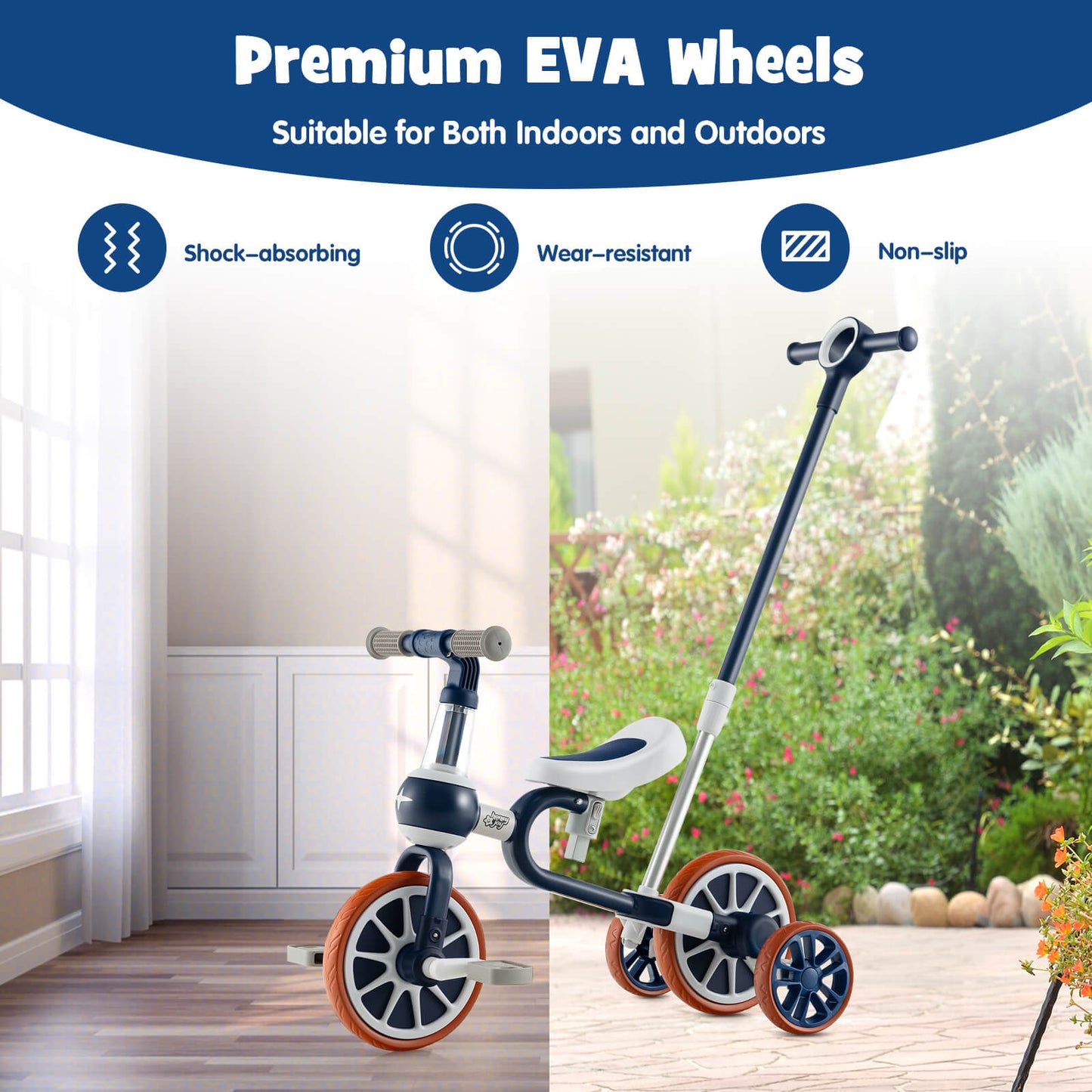 4-in-1 Multifunctional Kids Training Balance Trike wih Adjustable Push Handle-Navy