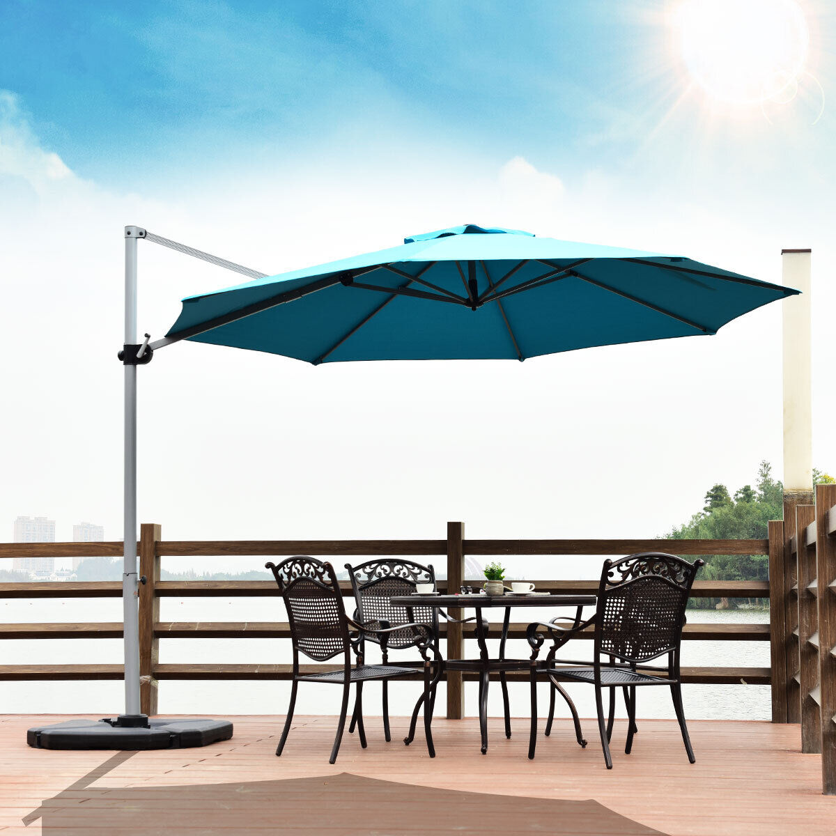 3.3m Patio Cantilever Umbrella with Tilting Adjustment and Cross base-Blue