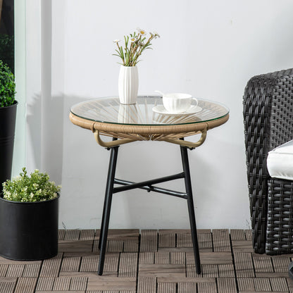 Outsunny Rattan Side Table, Round Outdoor Coffee Table, with Round PE Rattan and Tempered Glass Table Top for Patio, Garden, Balcony, Black