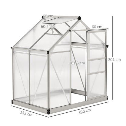 Outsunny Polycarbonate Greenhouse, Large Walk-In Green House with Slide Door and Window, Aluminium Frame, 6x4ft, Silver Tone