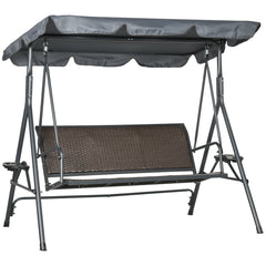 Outsunny 3 Seater Swing Chair, Garden Swing Seat Bench with Adjustable Canopy, Rattan Seat and Steel Frame for Patio, Yard, Dark Grey