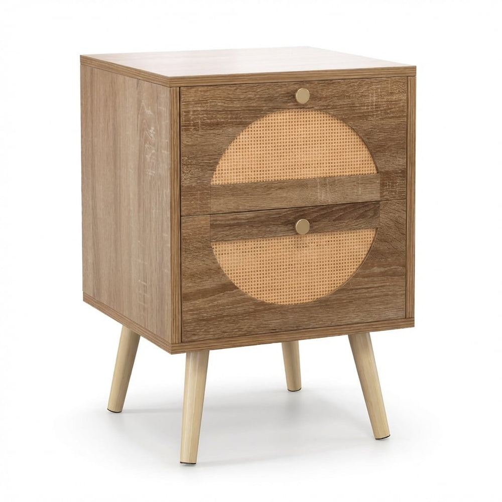 Bohemian Style Rattan Nightstand End Side Table with 2 Drawers-Oak