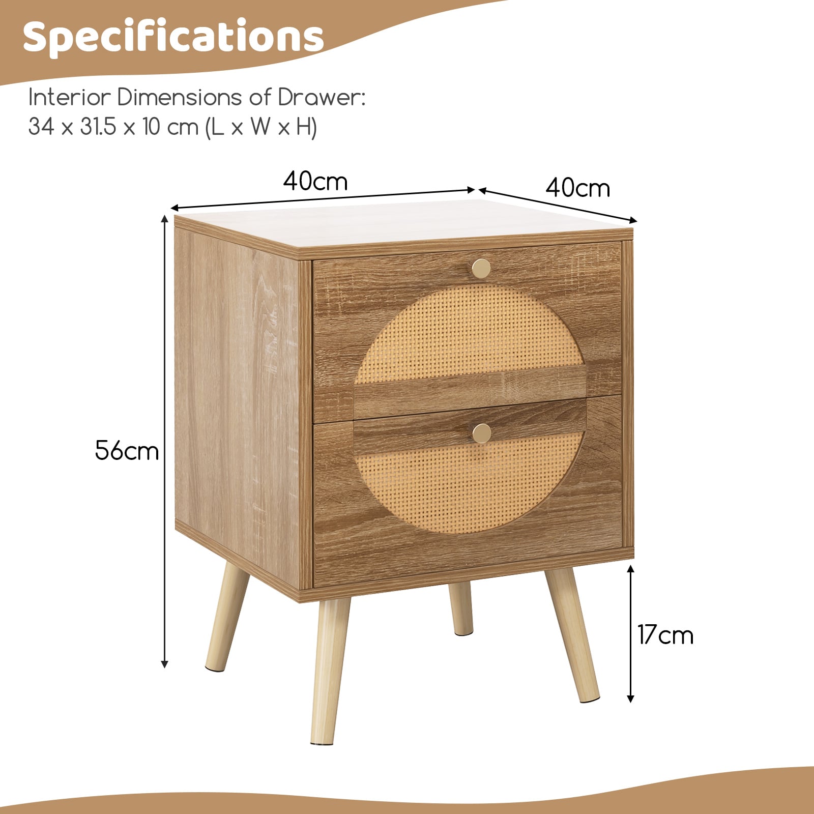 Bohemian Style Rattan Nightstand End Side Table with 2 Drawers-Oak
