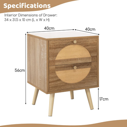 Bohemian Style Rattan Nightstand End Side Table with 2 Drawers-Oak