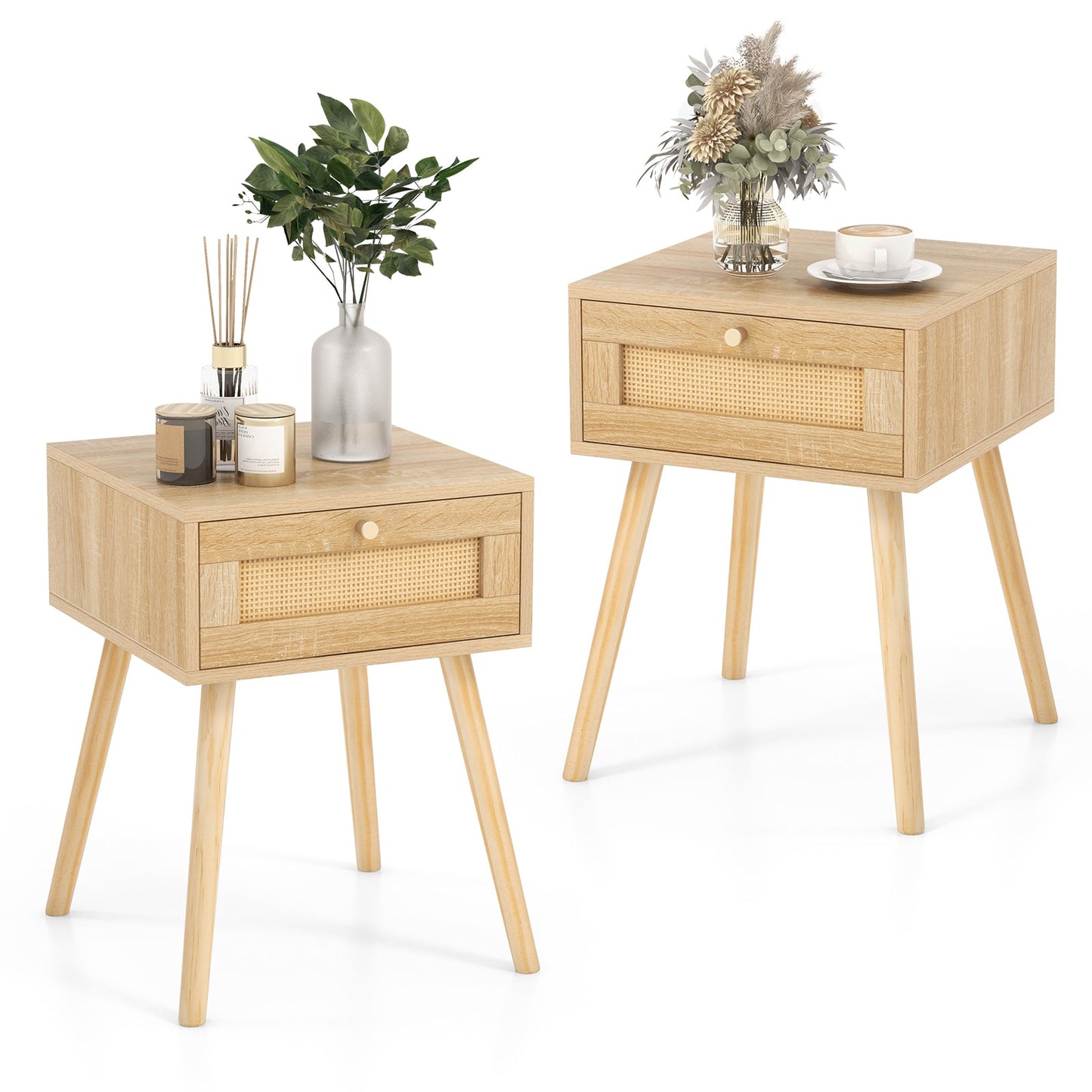 Boho Bedside Table with Hand-woven Rattan Decoration-Natural-2 Pack