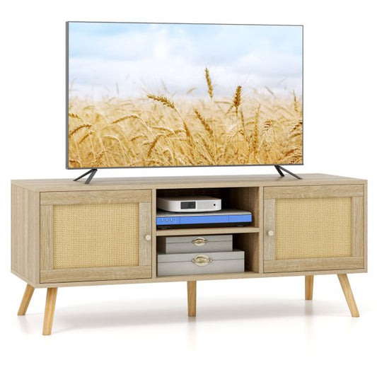 PE Rattan Media Console Table with 2 Cabinets and Open Shelves