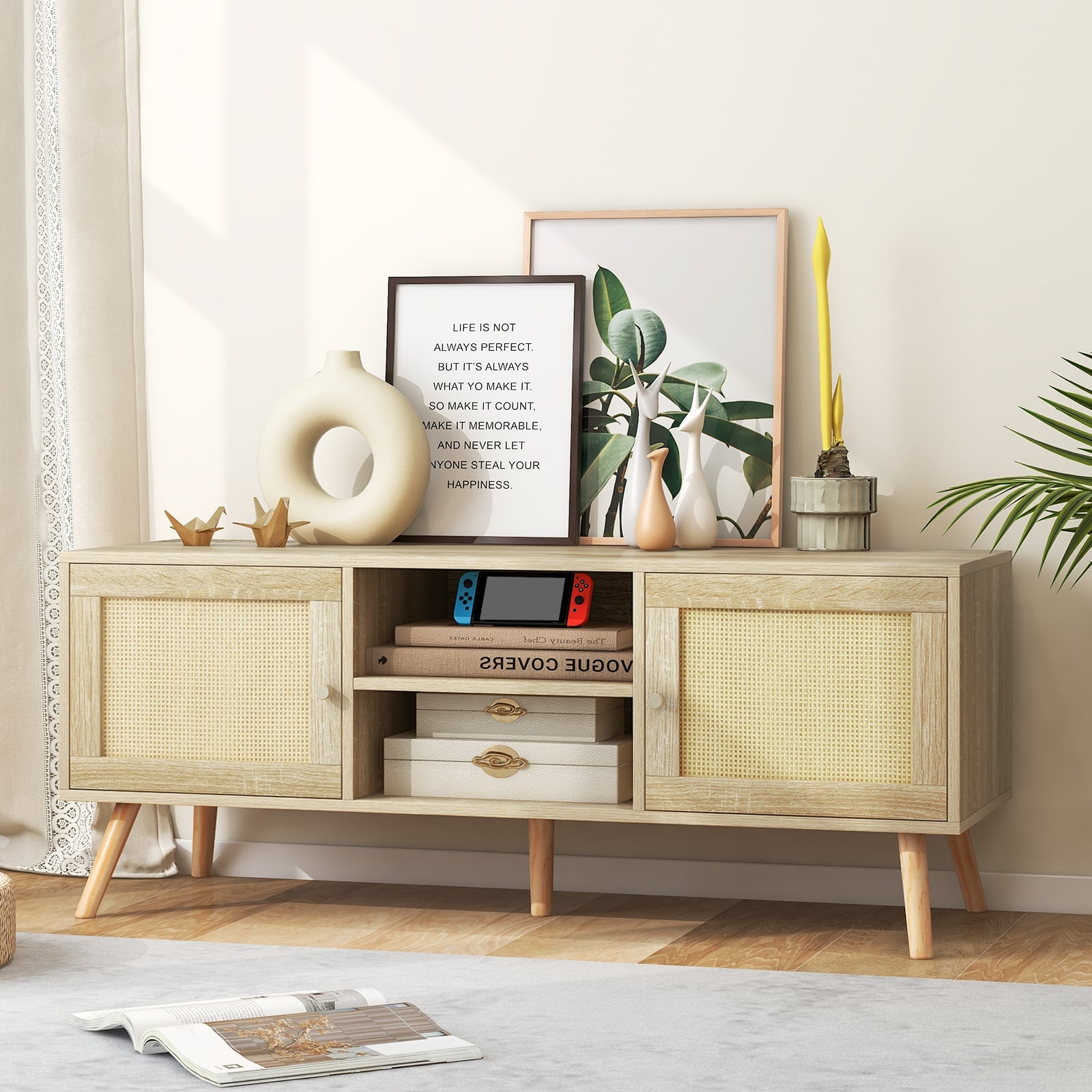 Boho PE Rattan TV Stand with 2 Cabinets and Open Shelves