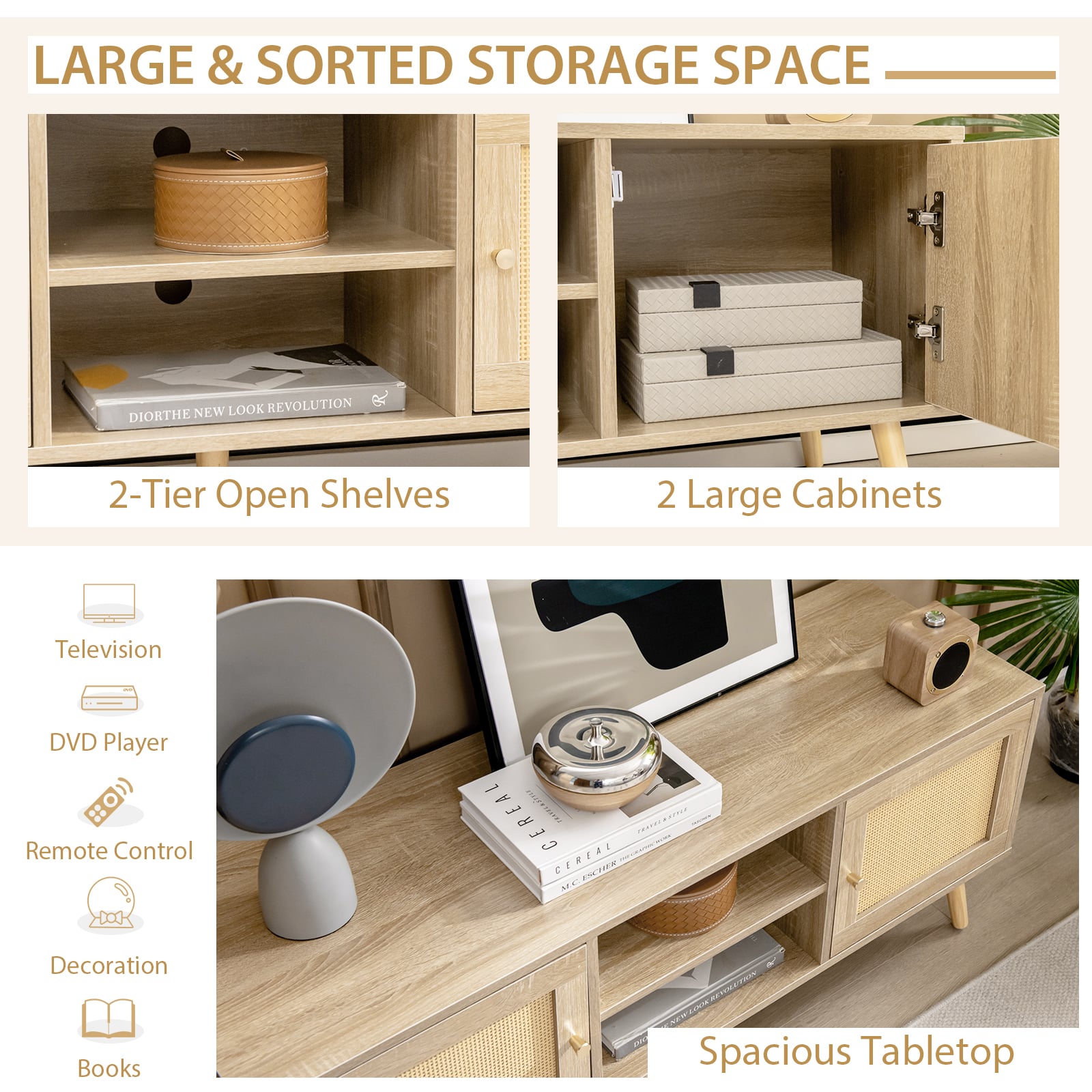 Boho PE Rattan TV Stand with 2 Cabinets and Open Shelves