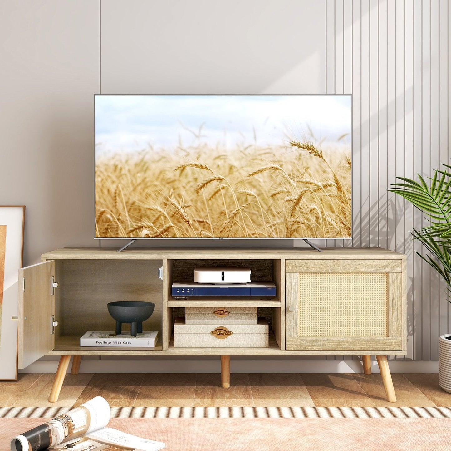 Boho PE Rattan TV Stand with 2 Cabinets and Open Shelves