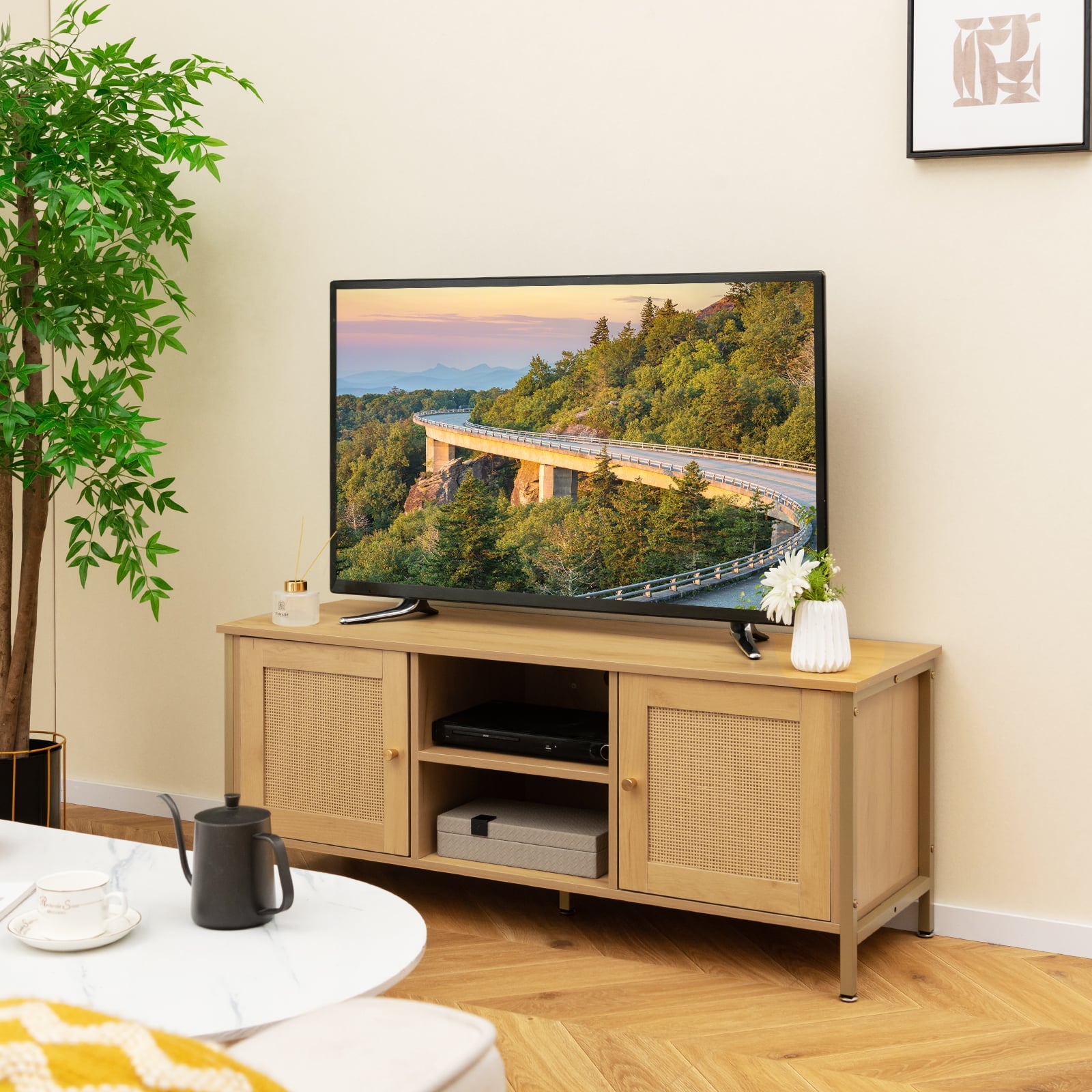 Boho TV Stand Media Console Table with 2 Cabinets and Open Shelf-Natural