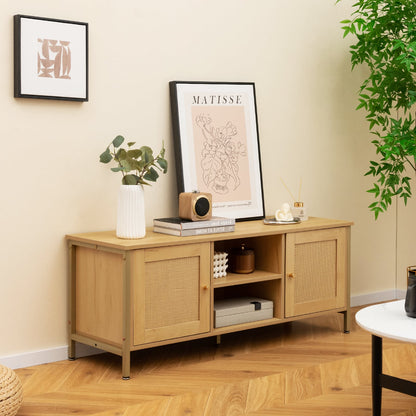 Boho TV Stand Media Console Table with 2 Cabinets and Open Shelf-Natural