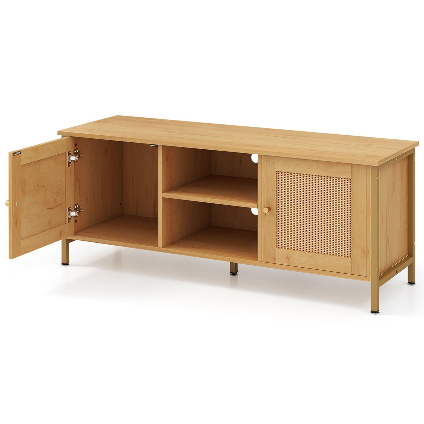 Boho TV Stand Media Console Table with 2 Cabinets and Open Shelf-Natural