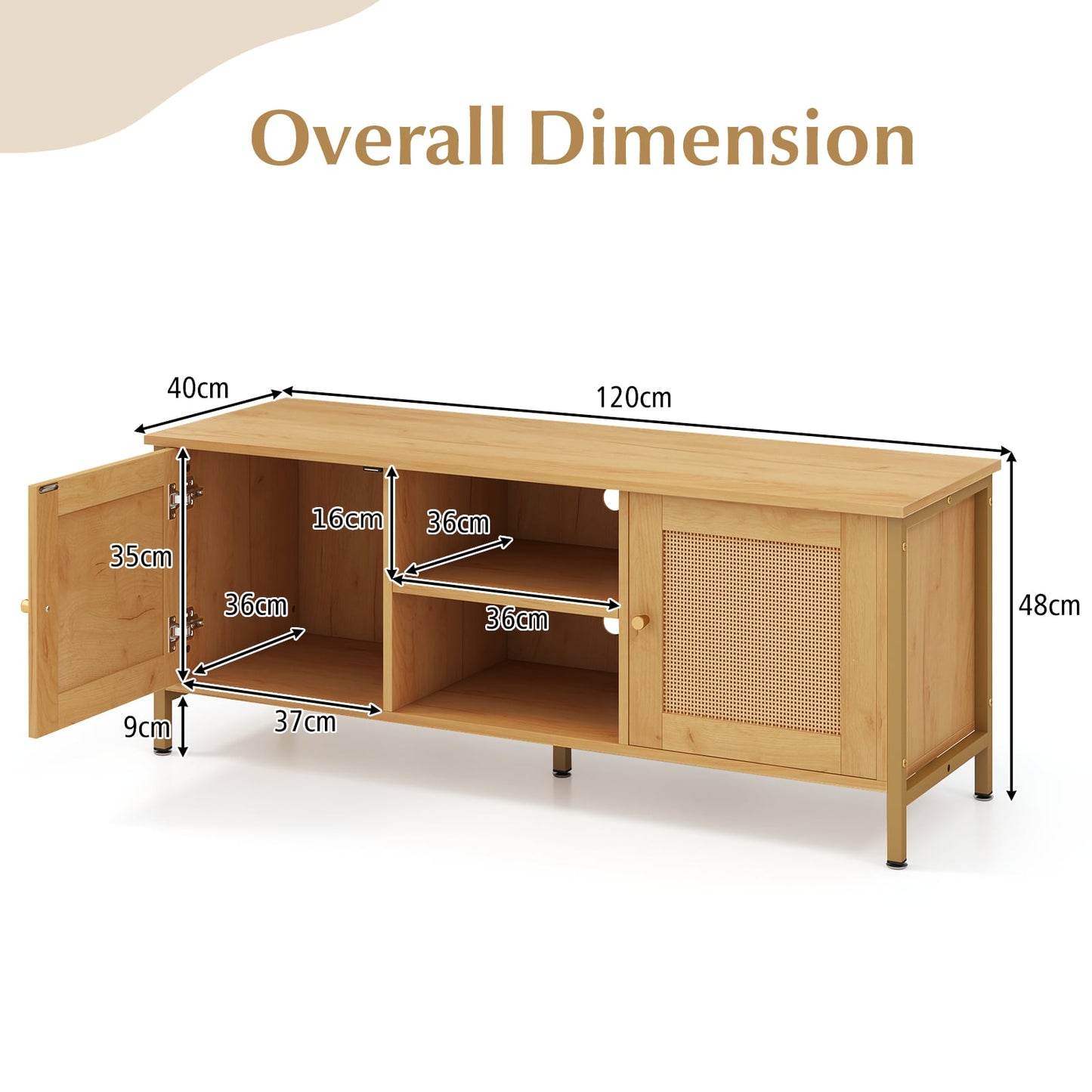 Boho TV Stand Media Console Table with 2 Cabinets and Open Shelf-Natural