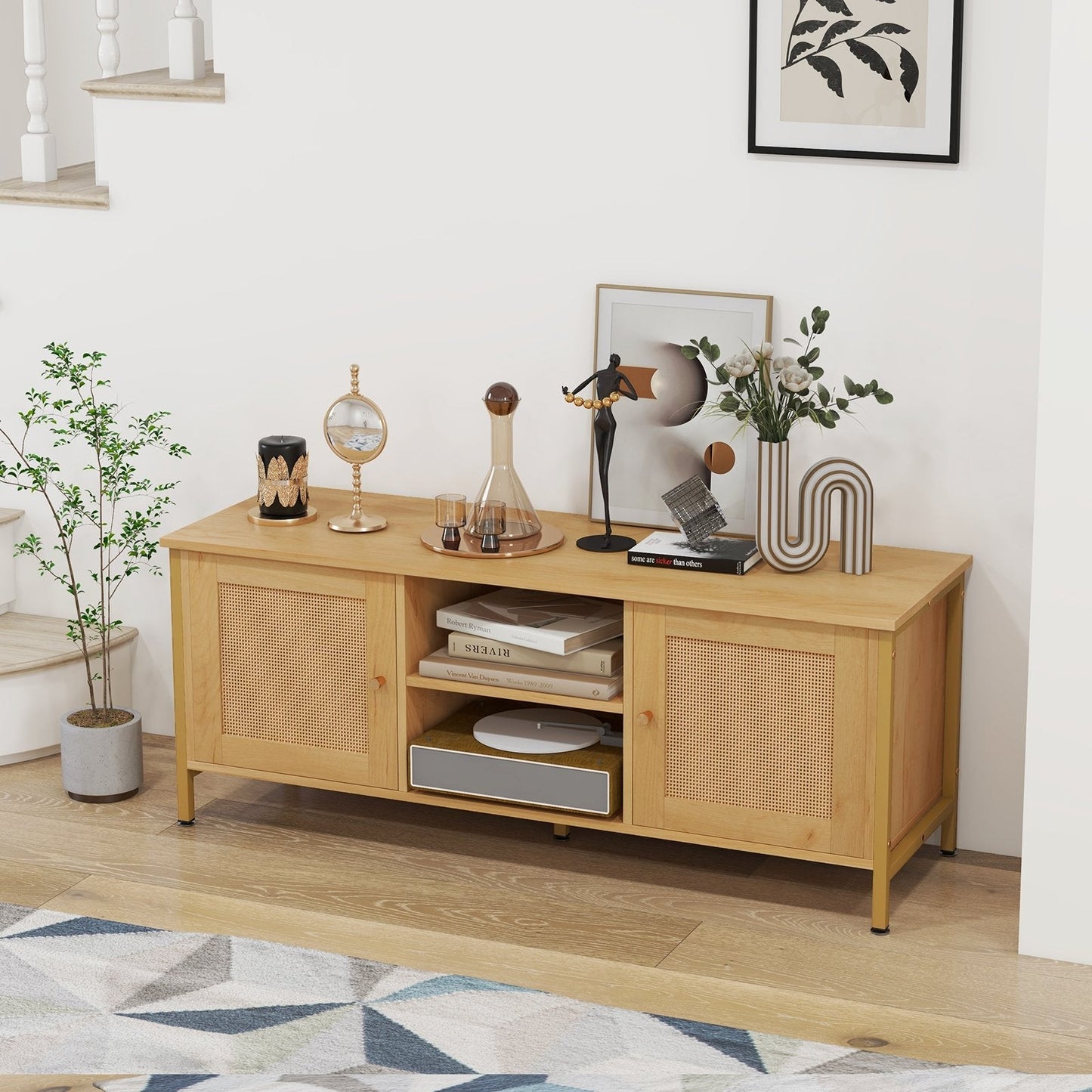 Boho TV Stand Media Console Table with 2 Cabinets and Open Shelf-Natural